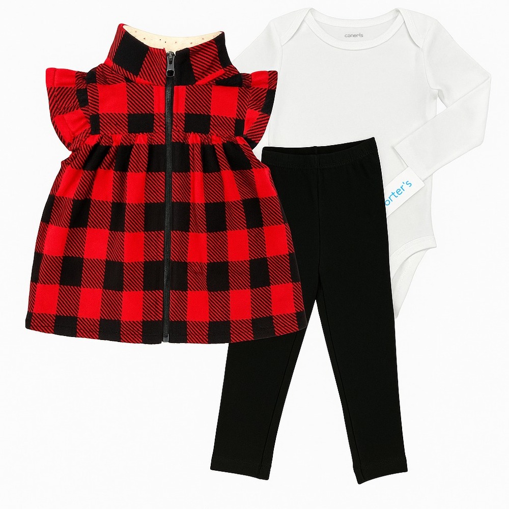 Carters Baby Girls Buffalo Check Vest Bodysuit & Pants Outfit Set 18M Red Black‎